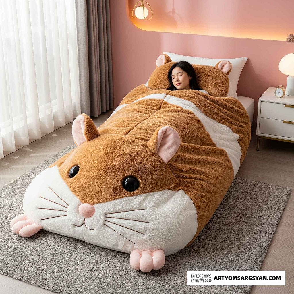 So adorable!  Fluffy Hamster Shaped Sleeping Bag to Snuggle Away Stress
