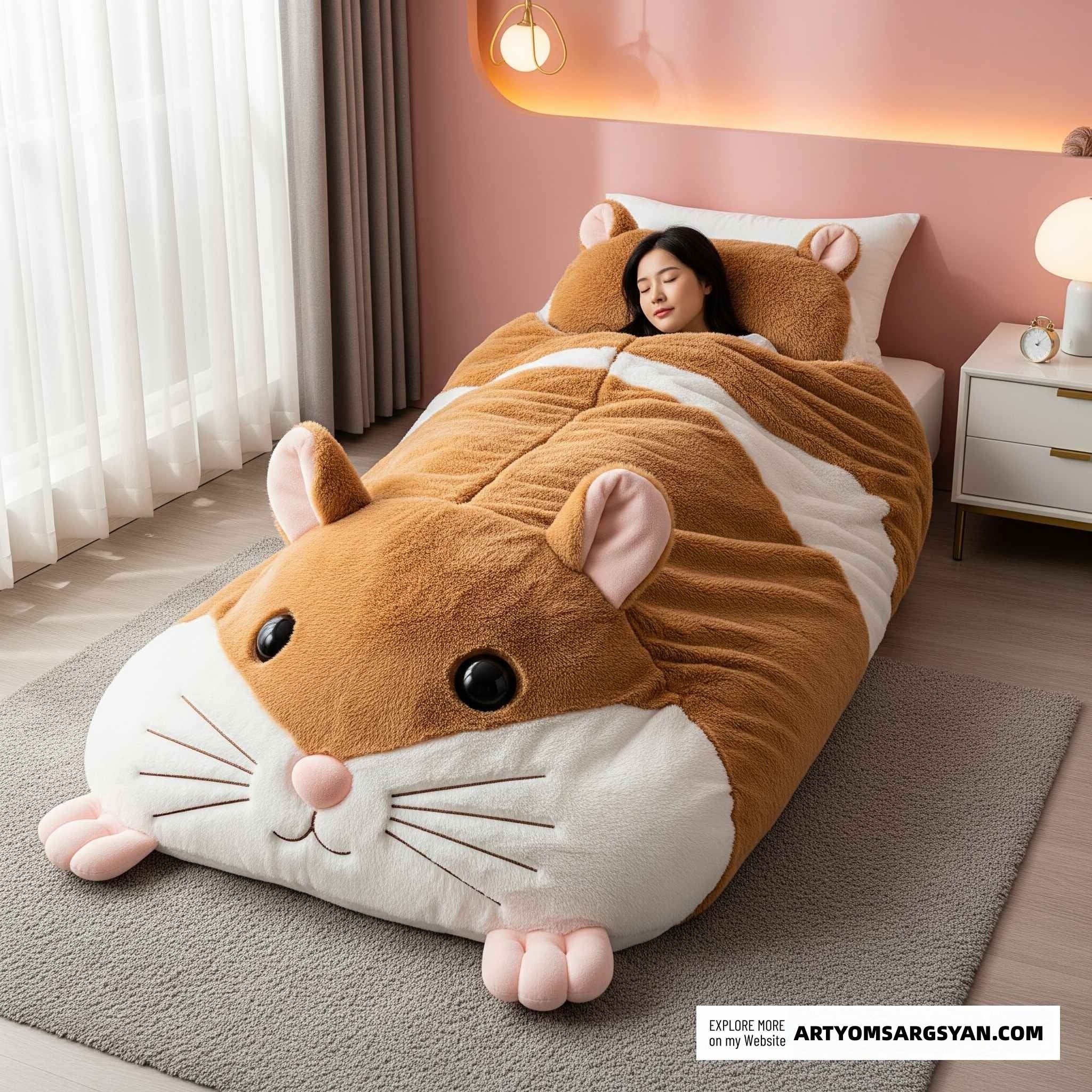 So adorable!  Fluffy Hamster Shaped Sleeping Bag to Snuggle Away Stress